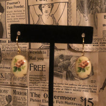 Load image into Gallery viewer, Handmade by Rose, Vintage Off White Pink Green Roses Floral Oval Painted Stone Gold Tone Earrings
