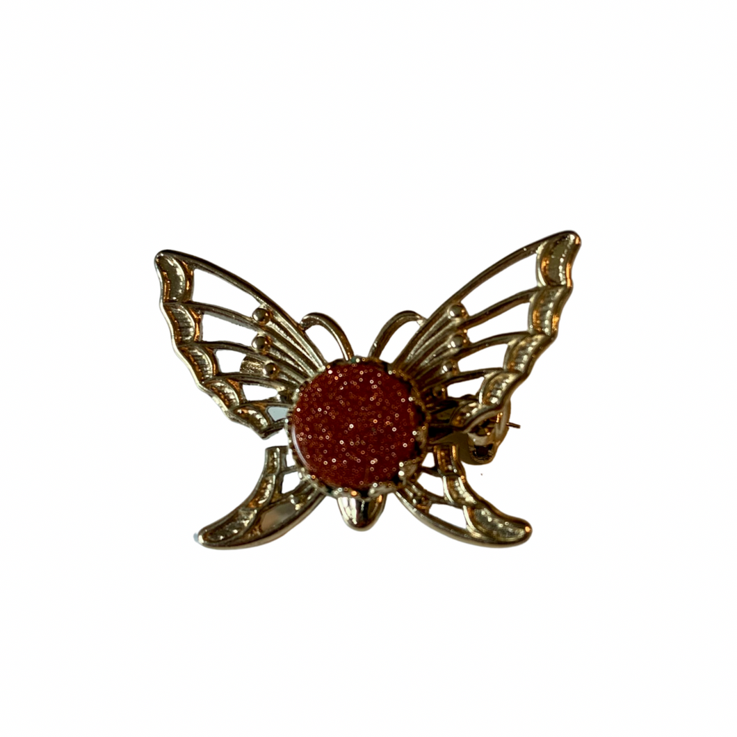 Vintage Jewelry Orange Glitter Gemstone Gold Tone Mini Butterfly Brooch