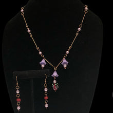 Load image into Gallery viewer, Handmade by Rose Vintage Red Strawberry Purple Bell Flower and Purple Pearl Copper Necklace and Earrings Jewelry Set
