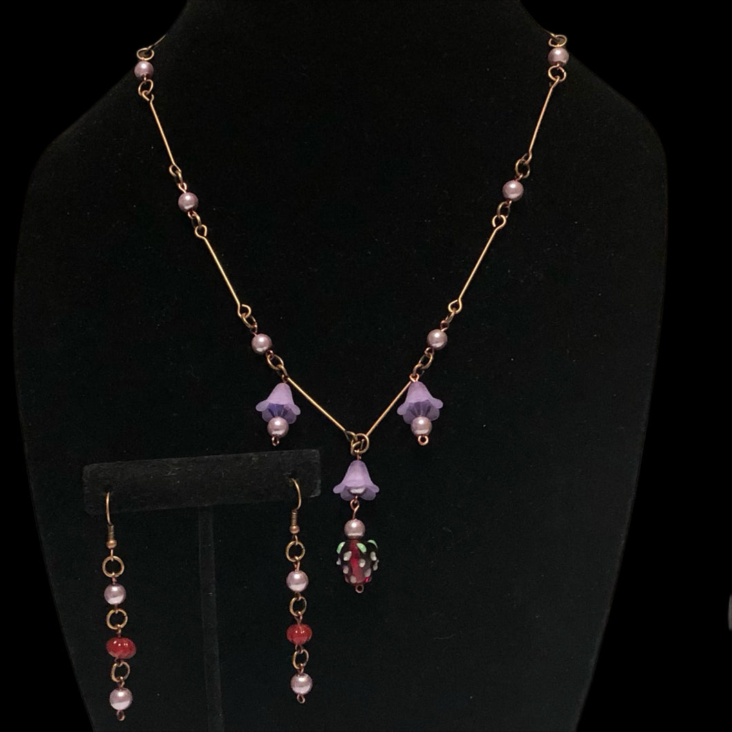 Handmade by Rose Vintage Red Strawberry Purple Bell Flower and Purple Pearl Copper Necklace and Earrings Jewelry Set