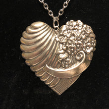 Load image into Gallery viewer, Handmade by Rose, Vintage Silver Plated 1970’s Brass Ribbed Victorian Style Floral Heart Pendant Necklace
