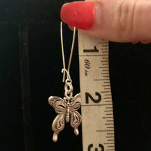 Load image into Gallery viewer, Handmade by Rose, Silver Tone Filigree Long Dangle Butterfly Pendant Earrings
