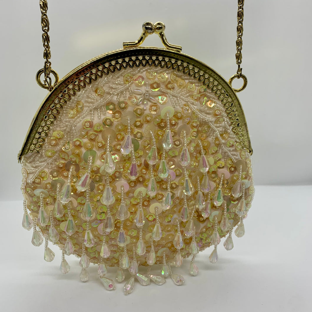 Vintage Evening Bag Over the Shoulder Ivory Gold Purse Sparkling Sequins Crystals