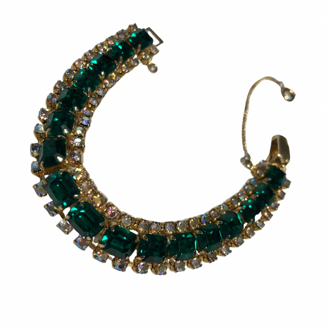 Vintage Jewelry Faux Emerald Green Gemstone Rhinestone Gold Tone Bracelet with Safety Clasp