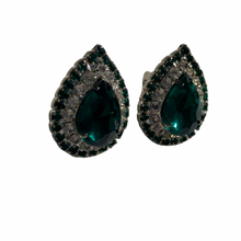 Load image into Gallery viewer, Vintage Jewelry Faux Emerald and Diamond Halo Cabochon Teardrop Silver Tone Clip on Earrings

