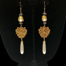 Load image into Gallery viewer, Handmade by Rose Art Nouveau Brass Lady Pearl Drop Green Floral Venetian Bead Long Earrings
