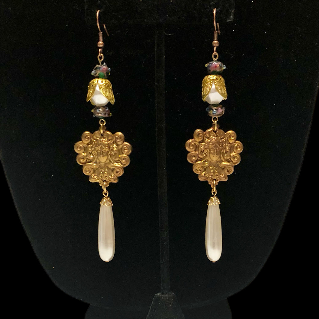 Handmade by Rose Art Nouveau Brass Lady Pearl Drop Green Floral Venetian Bead Long Earrings