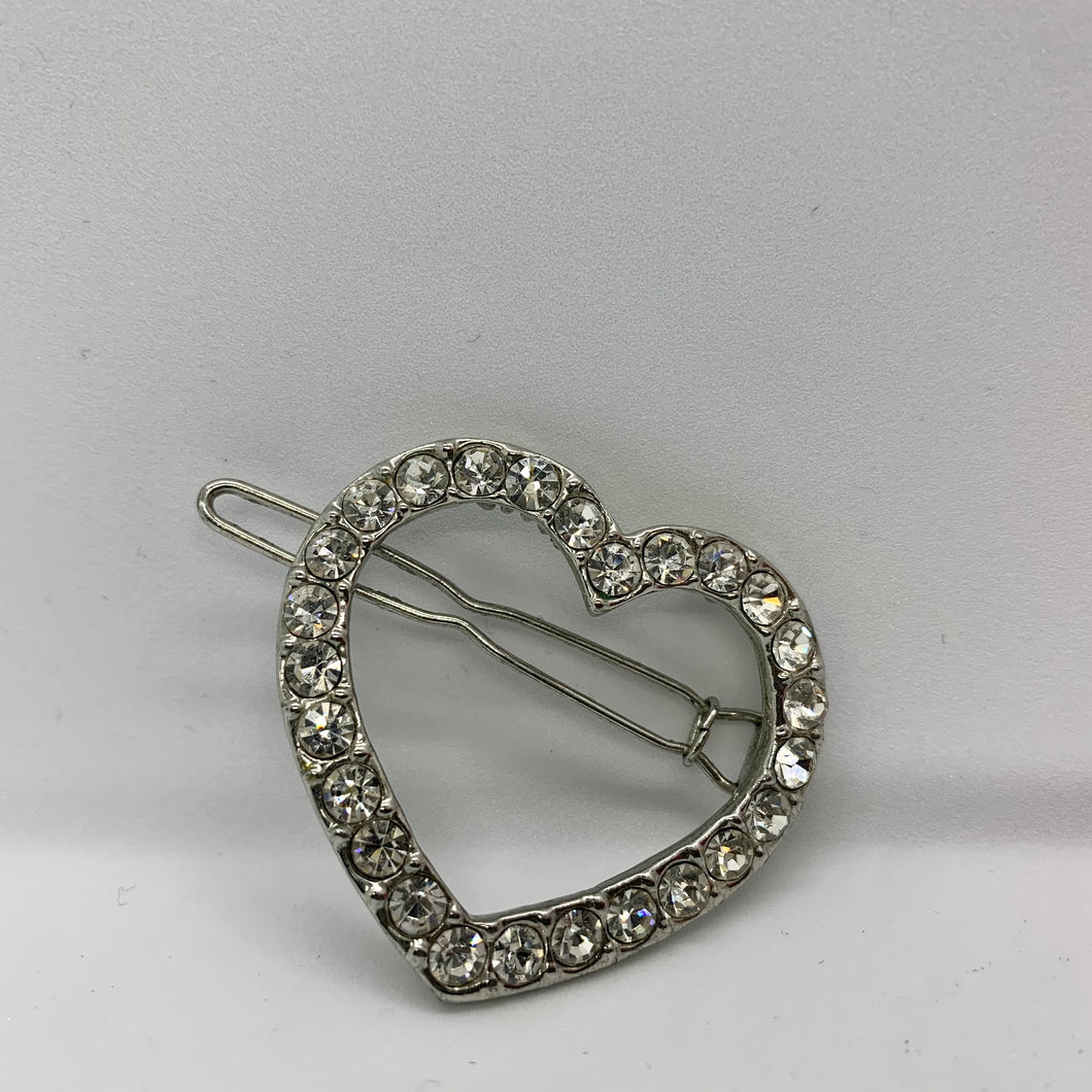 Vintage Decorative Hair Pin Clip Clear Rhinestone Studded Heart Silver Tone
