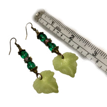 Load image into Gallery viewer, Handmade by Rose Green Leaf Vintage Glass Haskell and Venetian Wedding Cake Floral Beaded Brass Tone Dangle Earrings
