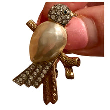 Load image into Gallery viewer, Vintage Huge Faux Pearl Belly Faux Pave Diamond Gold Tone Rhinestone Bird on Branch Brooch Pin
