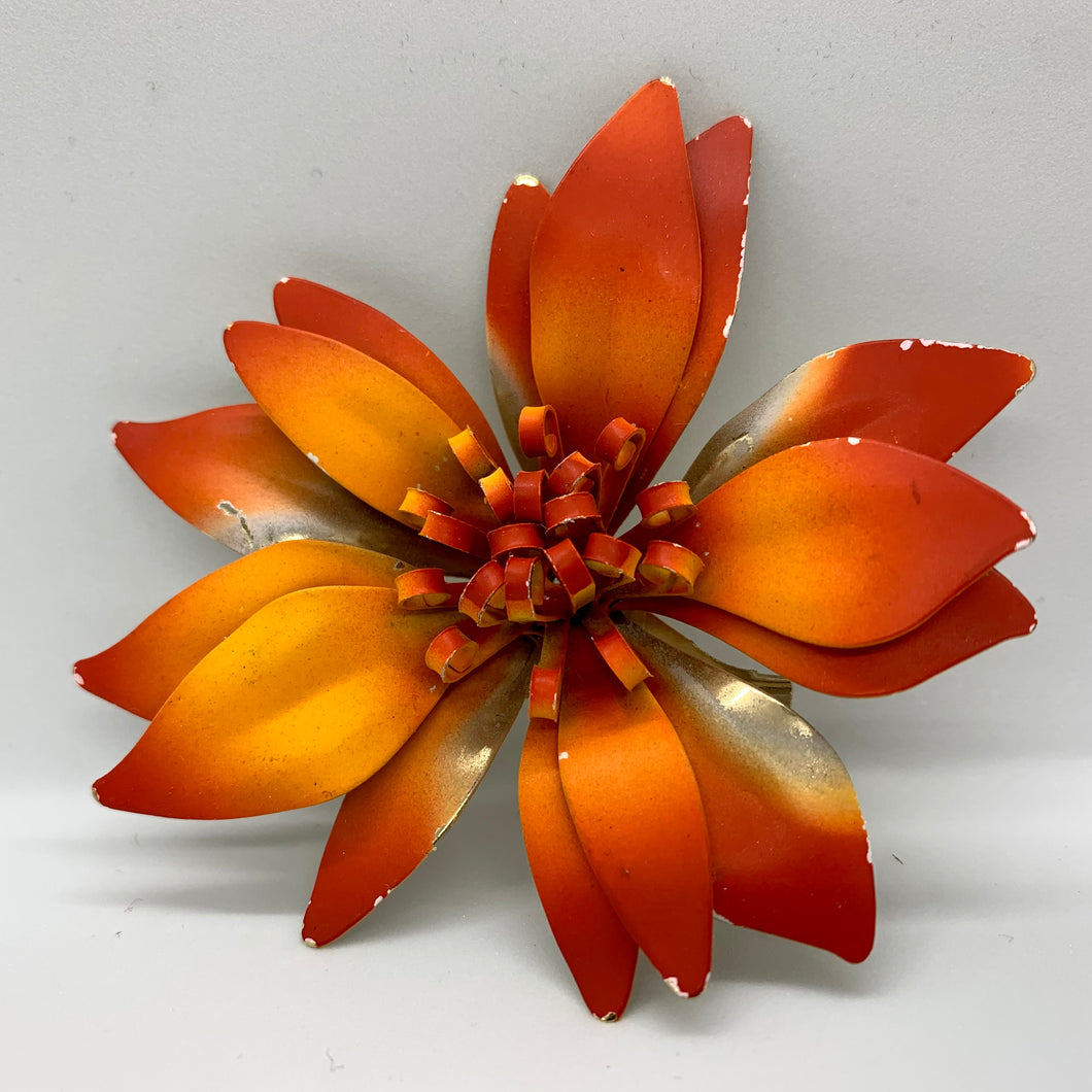 Vintage Jewelry Bright Orange Yellow Silver Ombré Tropical Flower Retro Brooch