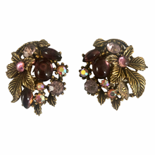 Load image into Gallery viewer, Vintage Jewelry Purple Lucite Cabochons Yellow Rhinestone Brass Tone Floral Flower Clip on Earrings
