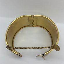 Load image into Gallery viewer, Vtg Signed Miriam Haskell Midcentury Gold Gilt Etched Floral Wide Hinged Cuff Bracelet
