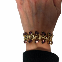 Load image into Gallery viewer, Vintage Jewelry Kramer of New York Faux Amethyst Purple Gemstone Gold Tone Rhinestone Triple Row Dangle Bracelet
