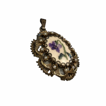 Load image into Gallery viewer, Vintage Jewelry Faux Pearl Needlepoint Purple and Green Flower Brass Tone Cameo Necklace Pendant
