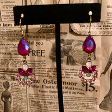 Load image into Gallery viewer, Handmade by Rose, Vintage Dark Pink Teardrop Gem Austrian Crystal Rhinestone Rose Water Opal Floral Dangle Earrings
