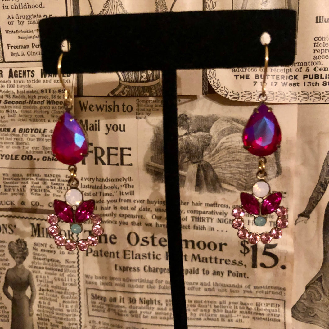 Handmade by Rose, Vintage Dark Pink Teardrop Gem Austrian Crystal Rhinestone Rose Water Opal Floral Dangle Earrings