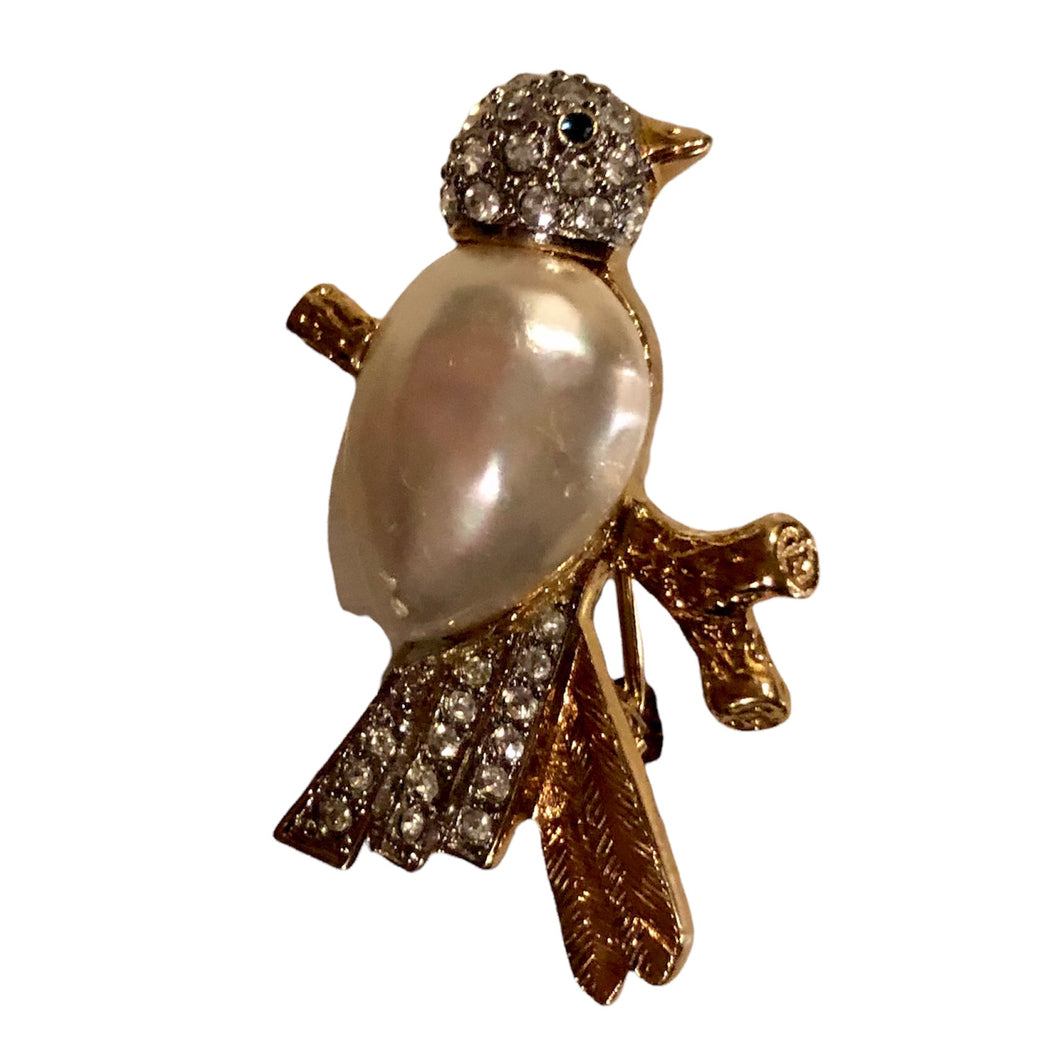 Vintage Huge Faux Pearl Belly Faux Pave Diamond Gold Tone Rhinestone Bird on Branch Brooch Pin