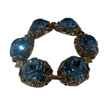 Load image into Gallery viewer, Vintage Brass Tone Filigree Faux London Blue Topaz Sparkling Large Cabochons Bracelet
