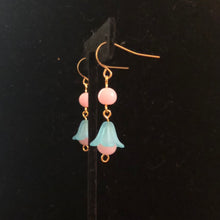 Load image into Gallery viewer, Handmade by Rose, Vintage Beads Teal Pink Bell Flower Haskell Bead Pastel Gold Plated Dangle Spring Earrings
