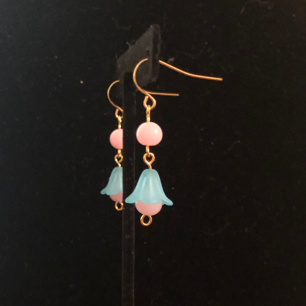 Handmade by Rose, Vintage Beads Teal Pink Bell Flower Haskell Bead Pastel Gold Plated Dangle Spring Earrings