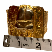 Load image into Gallery viewer, Vintage Jewelry Rare Egyptian Revival Heavy Gold Gilt and Silver Tone Scarab Beetle Hieroglyphic Hinged Cuff Bracelet
