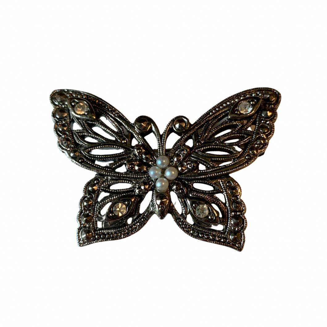 Vintage Avon Faux Pearl Silver Tone Rhinestone Butterfly Brooch