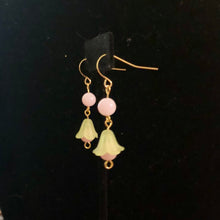 Load image into Gallery viewer, Handmade by Rose, Vintage Beads Yellow Pink Bell Flower Haskell Bead Pastel Gold Dangle Earrings
