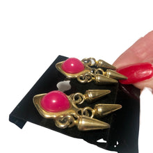 Load image into Gallery viewer, Vintage Jewelry 1980’s Pink and Brass Spiked Dangle Clip on Earrings
