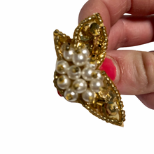 Load image into Gallery viewer, Vintage Jewelry Gold Sequin Faux Pearl Fabric Faux Leather Golden Gold Butterfly Clip on Earrings
