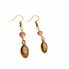 Load image into Gallery viewer, Handmade by Rose, Vintage Glass Fire Opal Brass Charm Czech Glass Pink and Gold Heart Earrings
