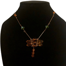 Load image into Gallery viewer, Handmade by Rose, Antique Style Orange Green Beaded Crystal Dragonfly Copper Necklace
