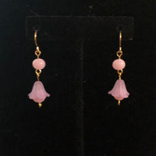 Load image into Gallery viewer, Handmade by Rose, Vintage Beads Purple Pink Bell Flower Haskell Bead Pastel Gold Plated Dangle Spring Earrings
