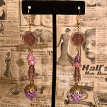 Load image into Gallery viewer, Handmade by Rose, Vintage Purple Pink Bell Floral Glass Flower Grape Cluster Gold Plated Earrings
