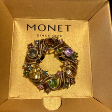 Load image into Gallery viewer, Vintage 1980’s Eighties Deadstock Gold Tone Wreath Circle Pastel Rhinestone Monet Brooch
