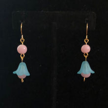 Load image into Gallery viewer, Handmade by Rose, Vintage Beads Teal Pink Bell Flower Haskell Bead Pastel Gold Plated Dangle Spring Earrings
