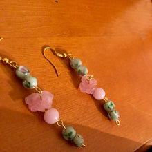 Load image into Gallery viewer, Handmade by Rose, Vintage Mint Green and Pink Rose and Haskell beads Floating Flower Earrings
