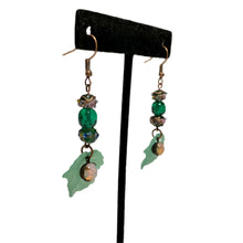 Load image into Gallery viewer, Handmade by Rose Green Leaf Vintage Glass Haskell and Venetian Wedding Cake Floral Beaded Copper Fire Opal Dangle Earrings
