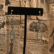 Load image into Gallery viewer, Handmade by Rose, Vintage Mini Faux Open Rectangle Turquoise Beaded Earrings
