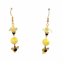 Load image into Gallery viewer, Handmade by Rose, Yellow and Black Vintage Enamel and Copper Dangle Honeybee Charm Earrings

