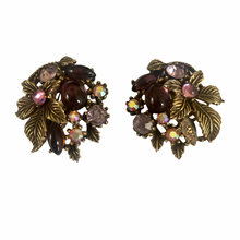 Load image into Gallery viewer, Vintage Jewelry Purple Lucite Cabochons Yellow Rhinestone Brass Tone Floral Flower Clip on Earrings
