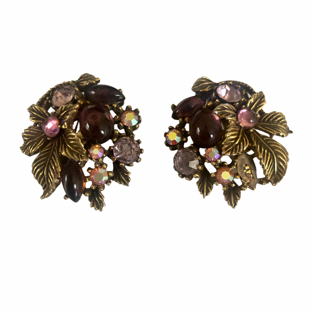 Vintage Jewelry Purple Lucite Cabochons Yellow Rhinestone Brass Tone Floral Flower Clip on Earrings