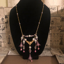 Load image into Gallery viewer, Handmade by Rose, 14K Gold Plated Art Nouveau Style Angel, Pearl, and Purple Bell Flower Necklace
