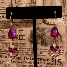 Load image into Gallery viewer, Handmade by Rose, Vintage Dark Pink Teardrop Gem Austrian Crystal Rhinestone Rose Water Opal Floral Dangle Earrings
