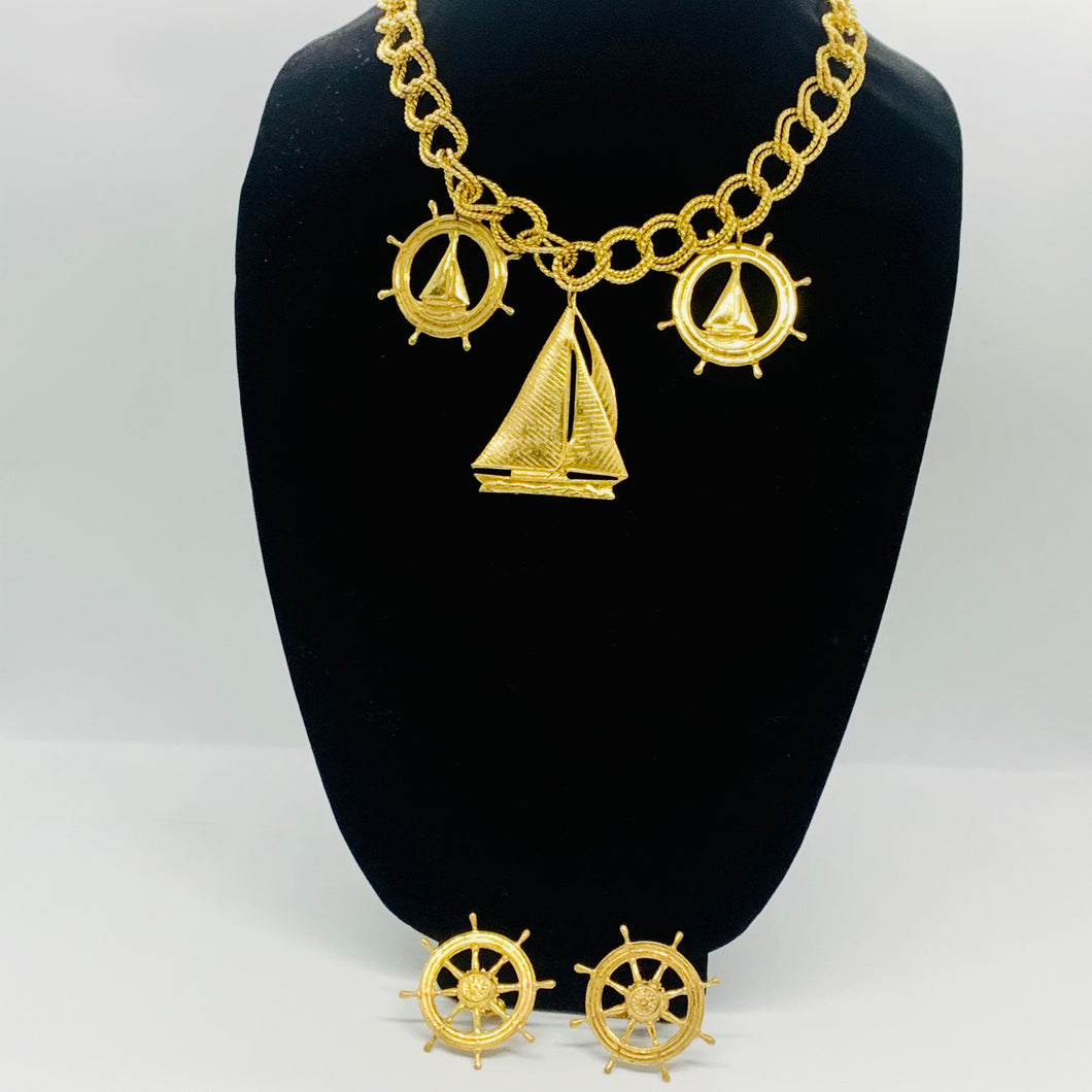 Vintage Rare Gold Nautical Miriam Haskell Sail Boat Anchor Rope Choker Necklace Earrings Brooch
