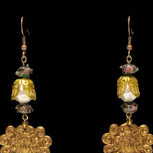 Load image into Gallery viewer, Handmade by Rose Art Nouveau Brass Lady Pearl Drop Green Floral Venetian Bead Long Earrings
