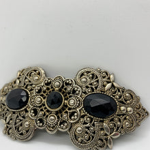 Load image into Gallery viewer, Vintage Metal Hair Barrette Faux Silver Filigree Faux Onyx Plastic Gemstones
