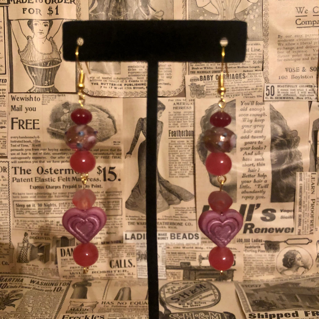 Handmade by Rose, Vintage Pink Mauve Purple Haskell Bead Heart Dangle Gold Plated Earrings