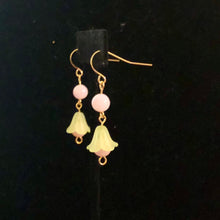 Load image into Gallery viewer, Handmade by Rose, Vintage Beads Yellow Pink Bell Flower Haskell Bead Pastel Gold Dangle Earrings
