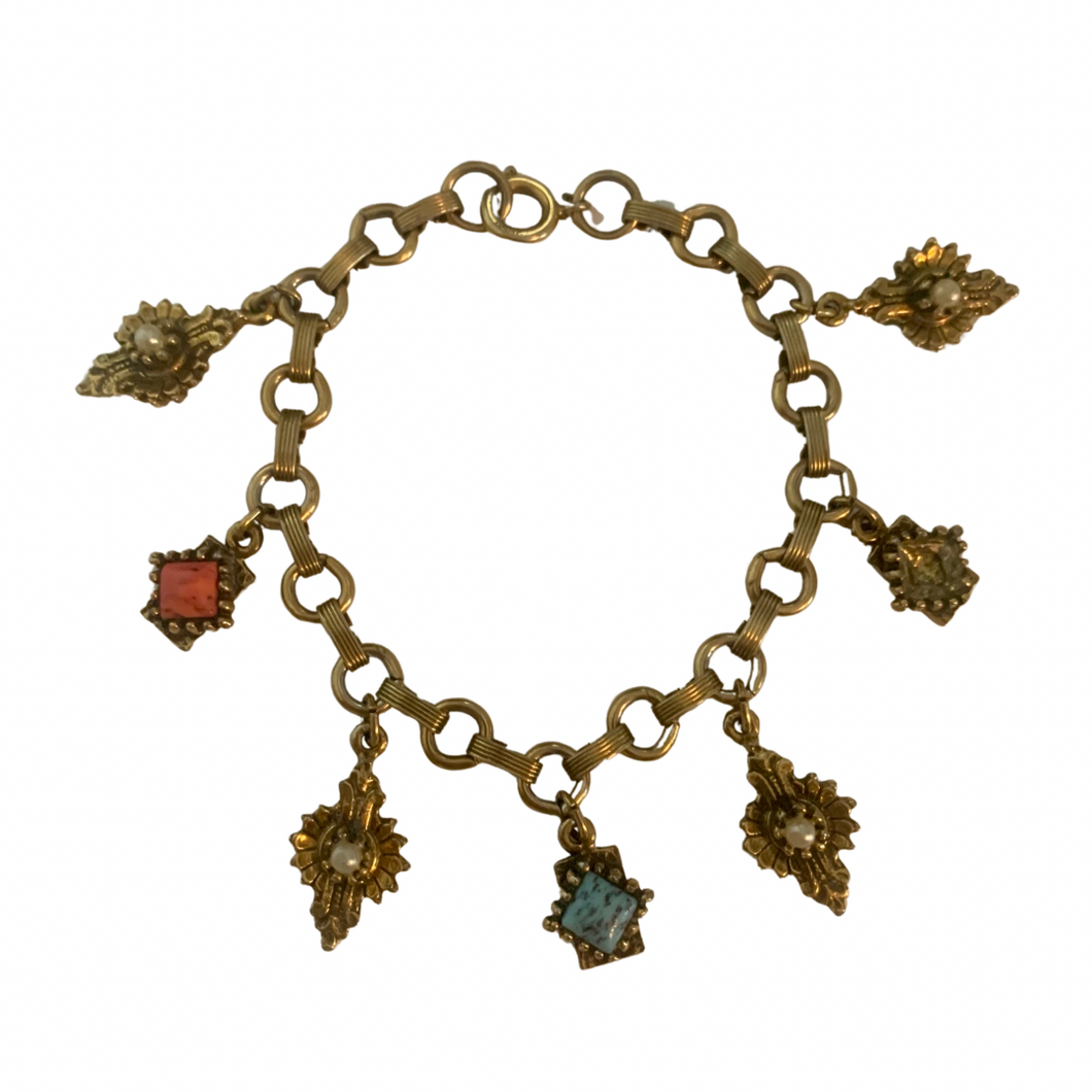 Vintage Jewelry Victorian Revival Faux Pearl Coral Turquoise Gold Tone Charm Bracelet